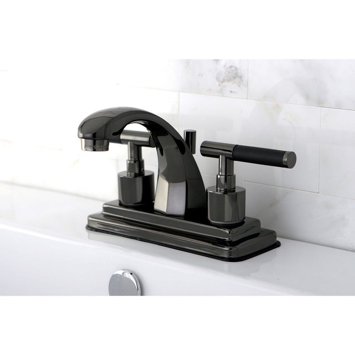 Water Onyx NS4640DKL Two-Handle 3-Hole Deck Mount 4" Centerset Bathroom Faucet with Brass Pop-Up, Black Stainless Steel