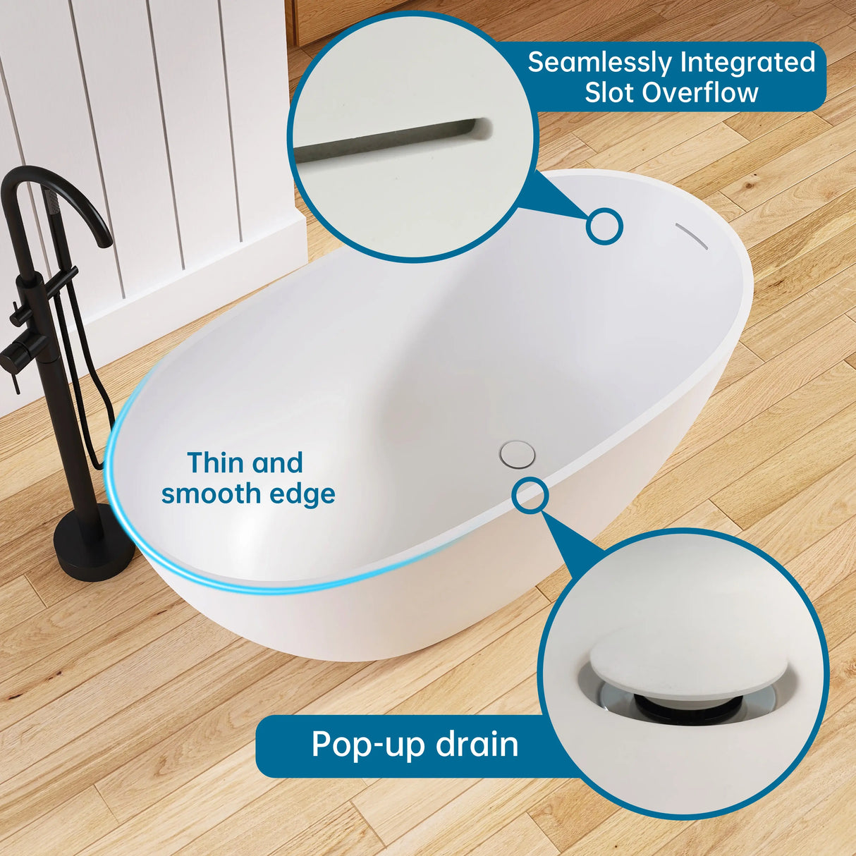 New England Home Goods Bondi 51" Freestanding Tub in White - Stone Resin Solid Surface