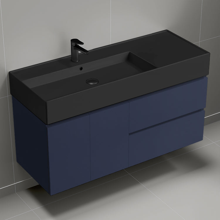 Modern Bathroom Vanity With Black Sink, Wall Mount, 48", Night Blue