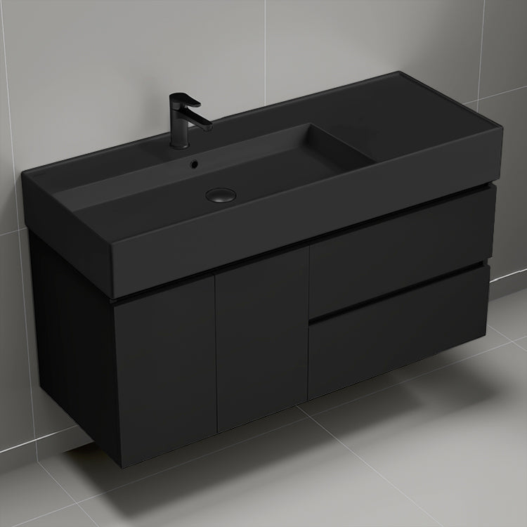 Modern Bathroom Vanity With Black Sink, Wall Mount, 48", Matte Black