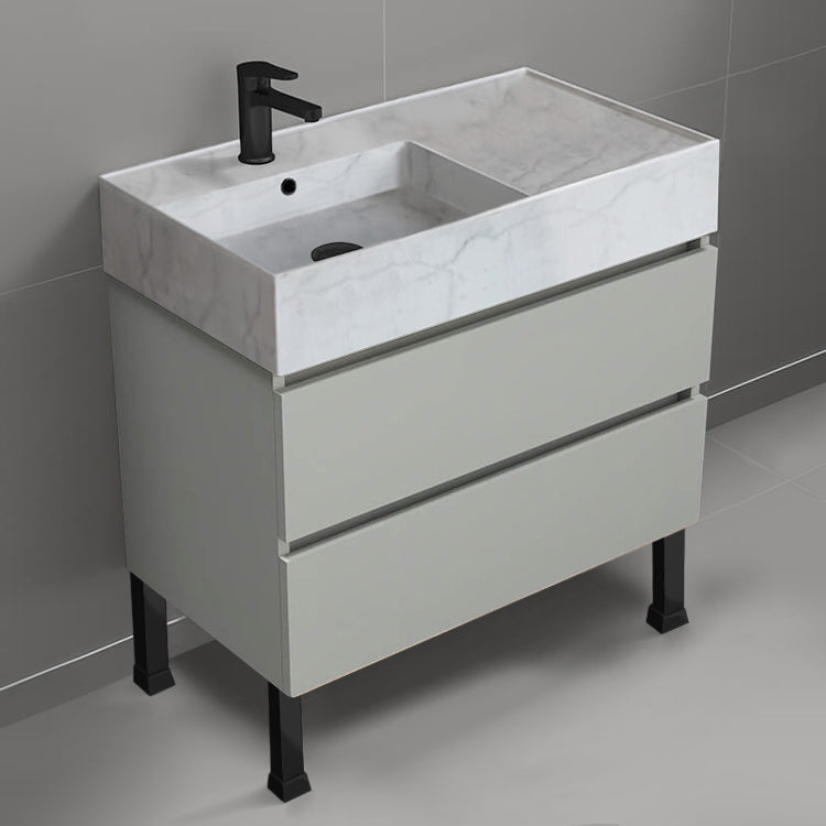 Modern Bathroom Vanity With Marble Design Sink, Free Standing, 32", Grey Mist