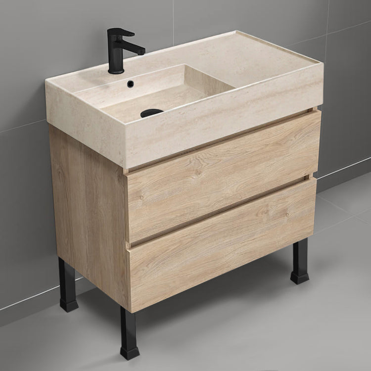 Modern Bathroom Vanity With Beige Travertine Design Sink, Floor Standing, 32", Brown Oak
