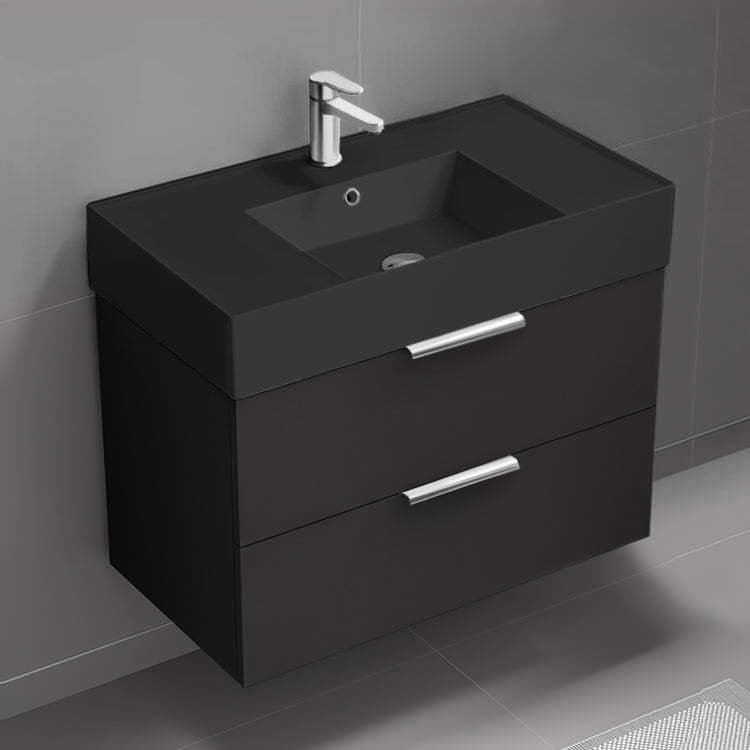Black Bathroom Vanity With Black Sink, Floating, Modern, 32"