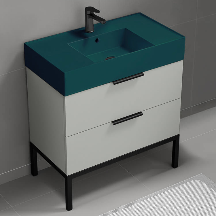 Green Sink Bathroom Vanity, Modern, Floor Standing, 32", Grey Mist