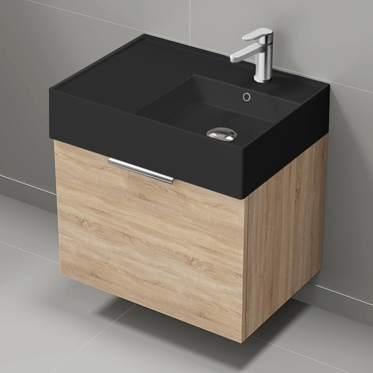 Modern Bathroom Vanity With Black Sink, Small, Floating, 24", Brown Oak