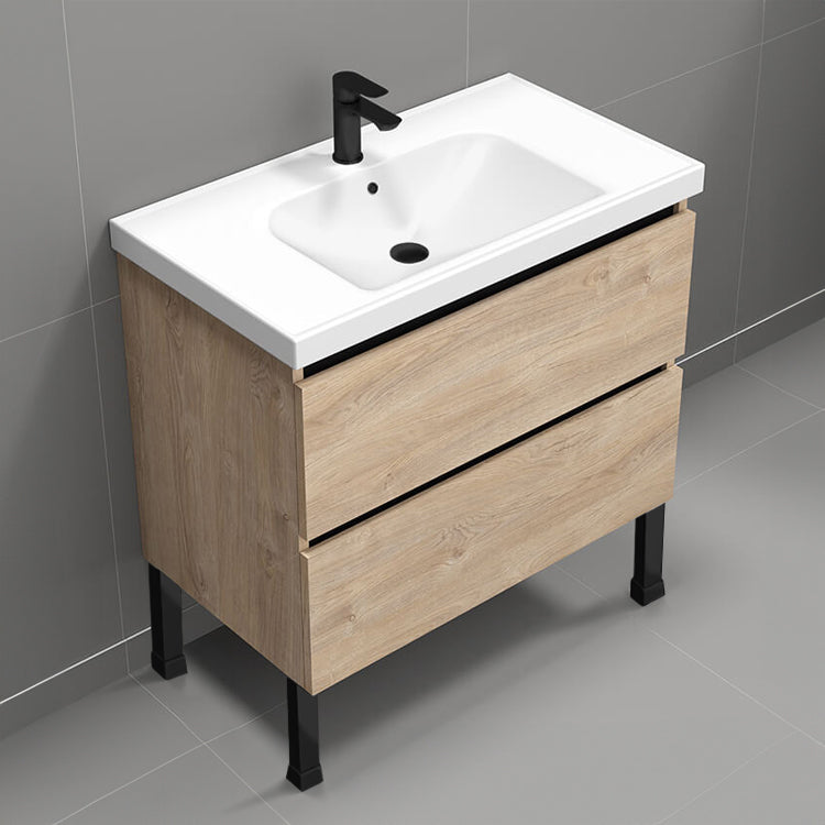 Free Standing Bathroom Vanity, Modern, 32", Brown Oak
