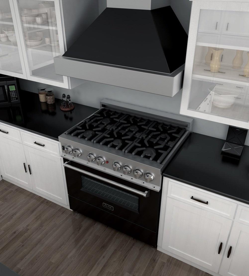 ZLINE 36 in. 4.6 cu. ft. Legacy Dual Fuel Range with 6 Burner Gas Cooktop and Electric Convection Oven in DuraSnow® Stainless Steel and Black Matte Door (RAS-BLM-36)