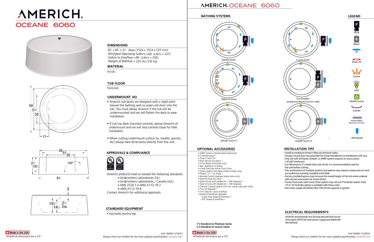 Americh OC6021TA5-WH Oceane 60 - Tub Only / Airbath 5 - White