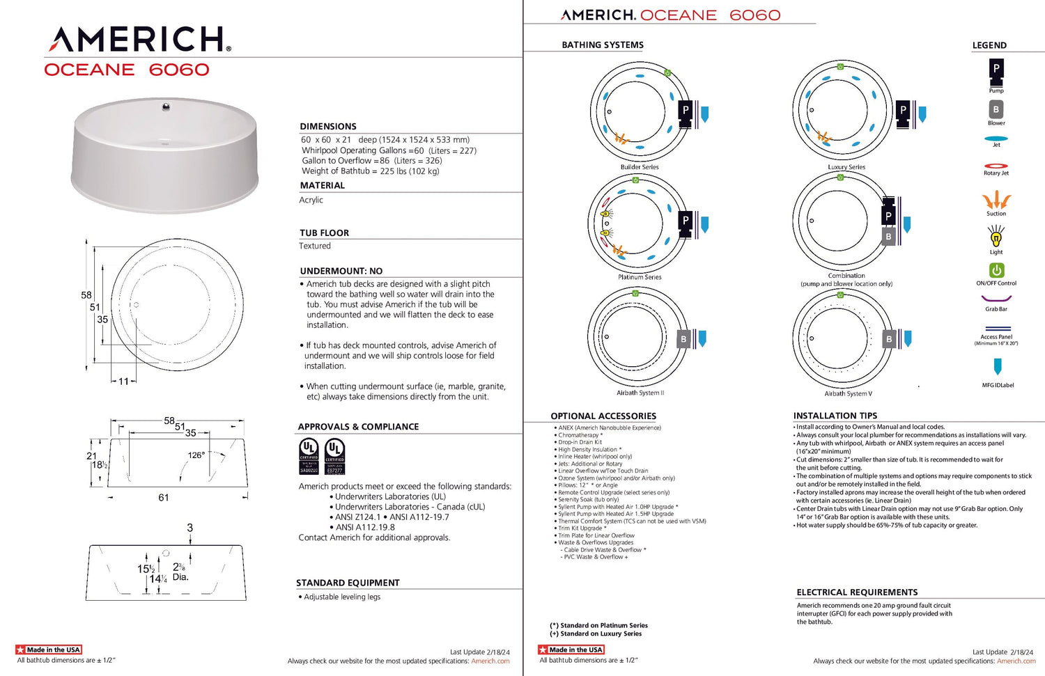 Americh OC6021TA5-WH Oceane 60 - Tub Only / Airbath 5 - White