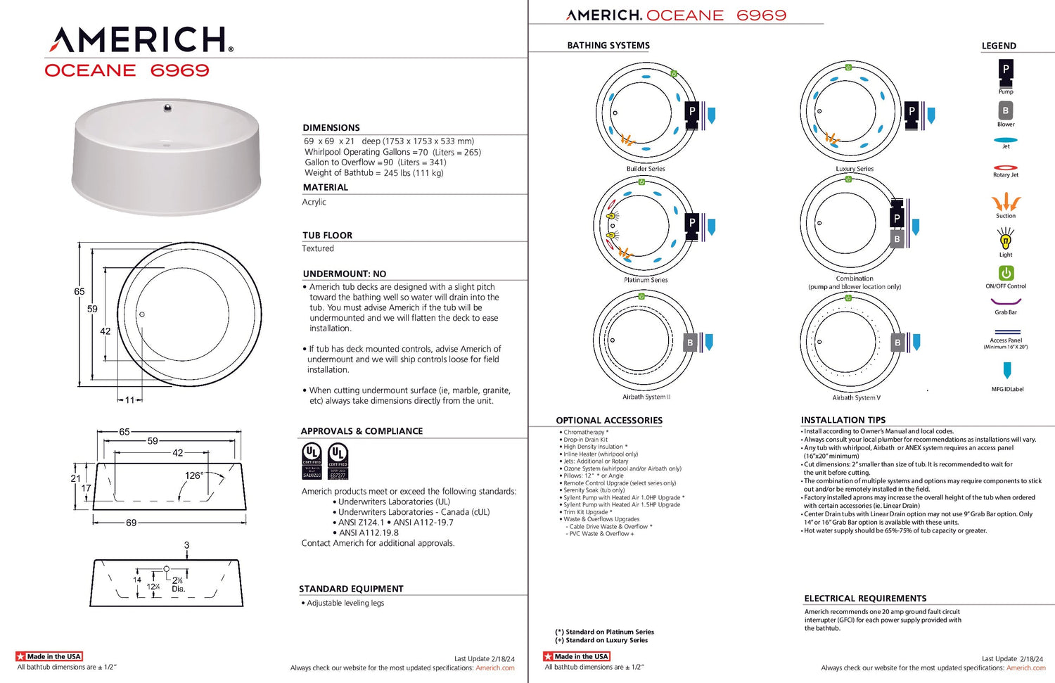 Americh OC6921TA5-WH Oceane 69 - Tub Only / Airbath 5 - White