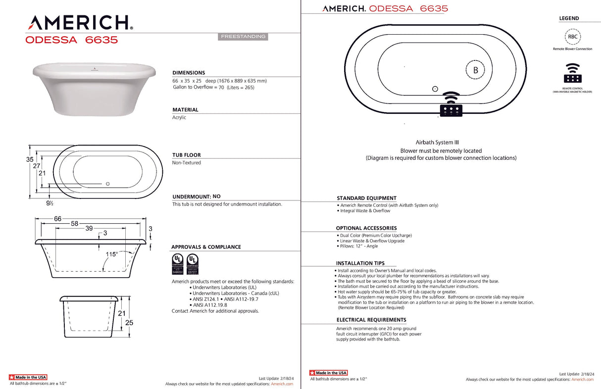 Americh OD6635T-WH Odessa 6635 - Tub Only - White