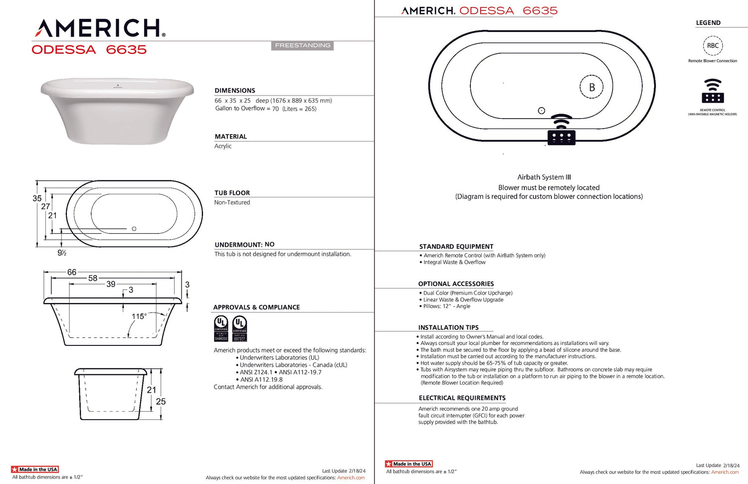 Americh OD6635T-WH Odessa 6635 - Tub Only - White