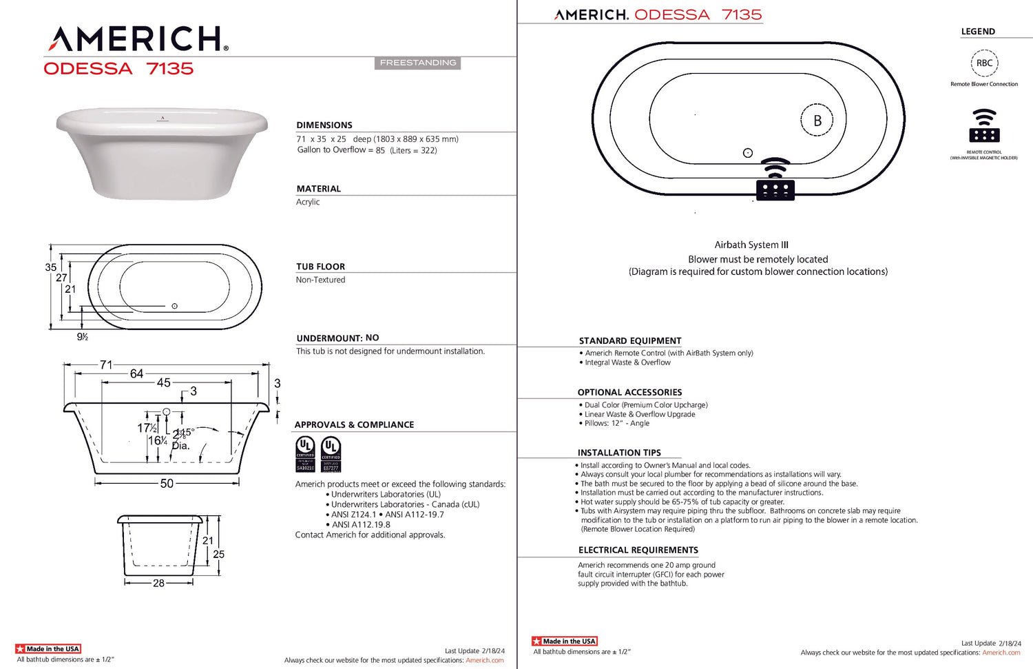 Americh OD7135T-WH Odessa 7135 - Tub Only - White