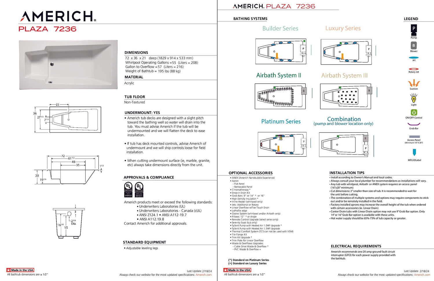 Americh PL7236TA2-WH Plaza 7236 - Tub Only / Airbath 2 - White