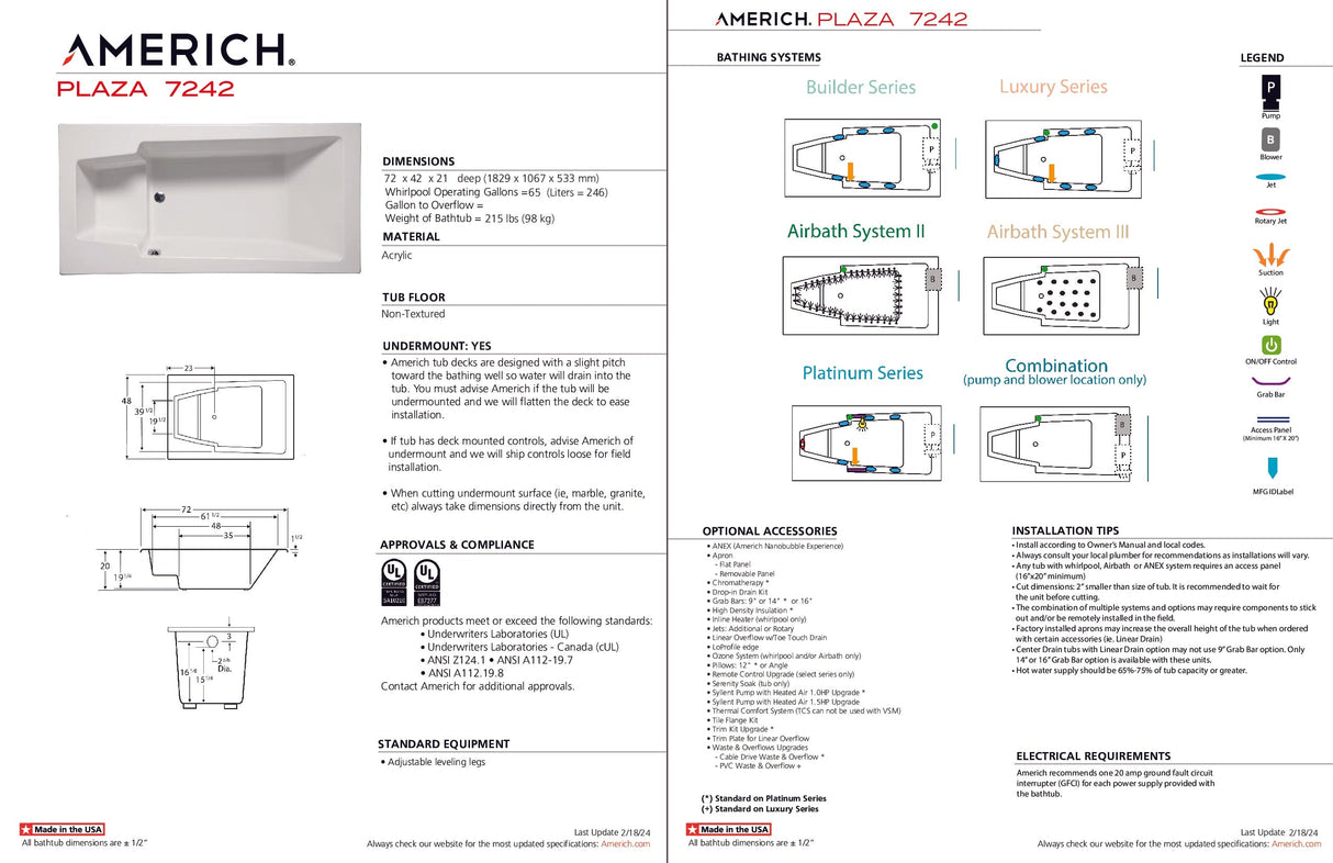 Americh PL7242TA2-WH Plaza 7242 - Tub Only / Airbath 2 - White