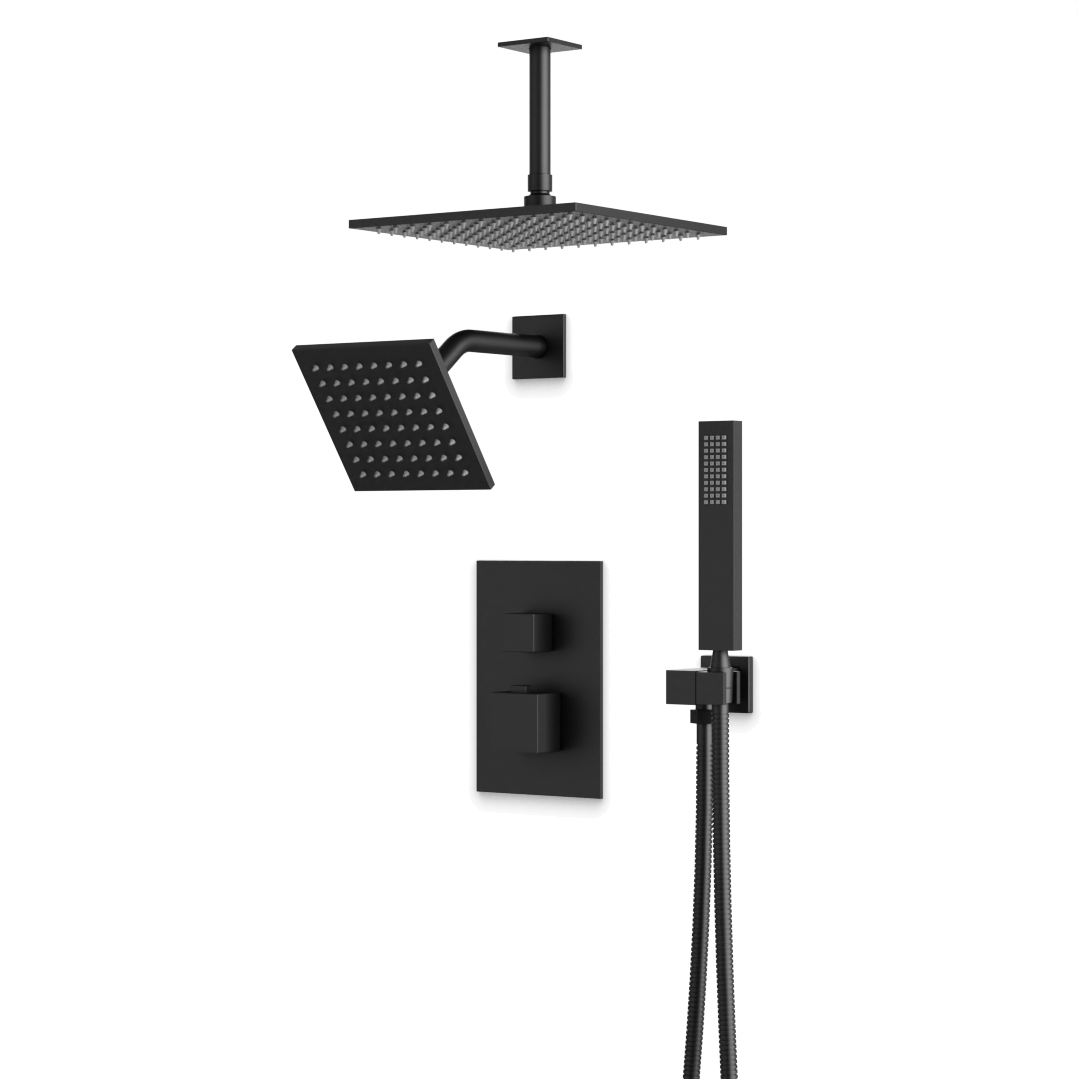 Artos Edge Thermostatic Shower Trim Kit with Wall Mount Shower Head, Ceiling Mount Shower Head, Hand Shower in Matte Black – Wide Control Trim Style – PS107BK