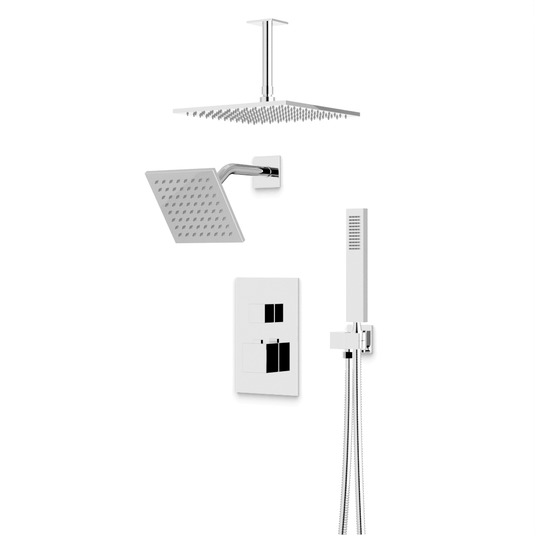 Artos Edge Thermostatic Shower Trim Kit with Wall Mount Shower Head, Ceiling Mount Shower Head, Hand Shower in Chrome – Wide Control Trim Style – PS107CH