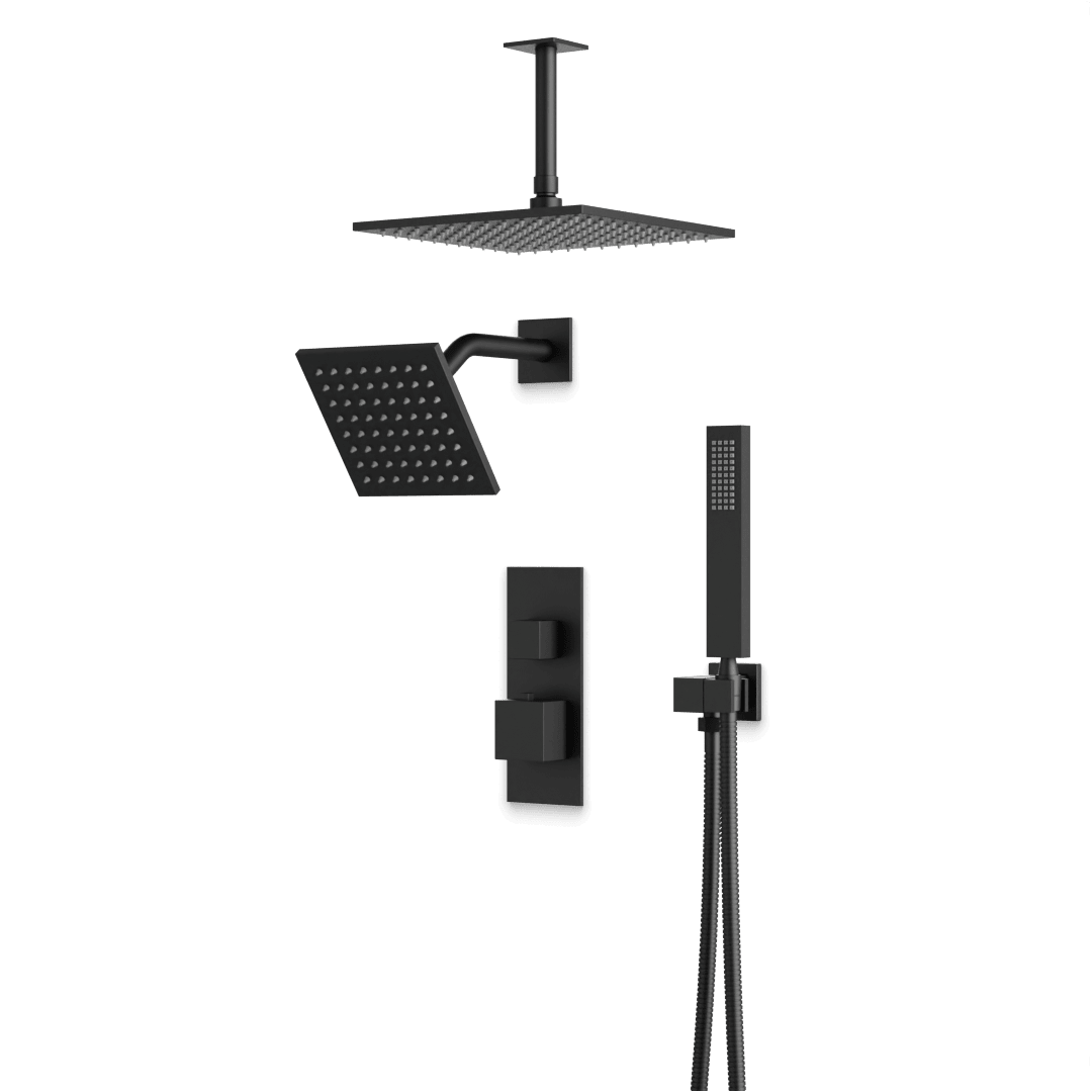 Artos Edge Thermostatic Shower Trim Kit with Wall Mount Shower Head, Ceiling Mount Shower Head, Hand Shower in Matte Black – Wide Control Trim Style – PS107BK