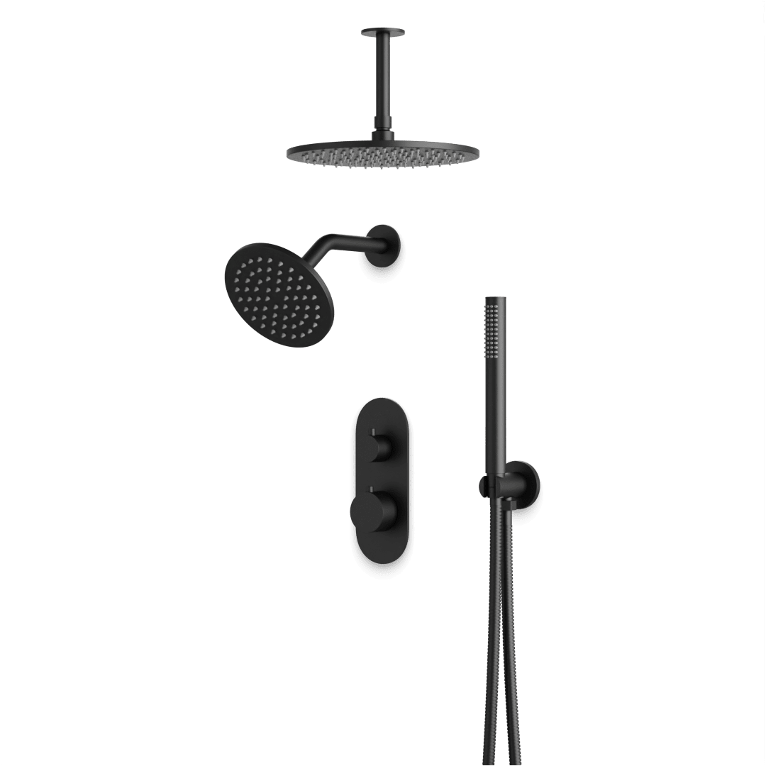 Artos Opera Thermostatic Shower Trim Kit with Wall & Ceiling Mount Shower Head, Hand Shower in Matte Black – Wide Control Trim Style – PS108BK