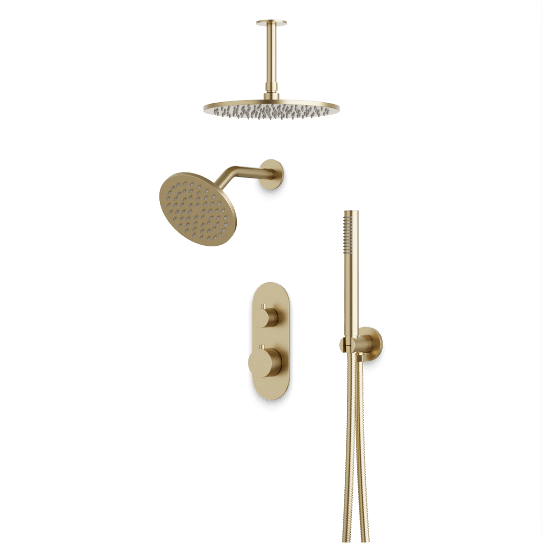 Artos Opera Thermostatic Shower Trim Kit with Wall & Ceiling Mount Shower Head, Hand Shower in Satin Brass – Wide Control Trim Style – PS108SB