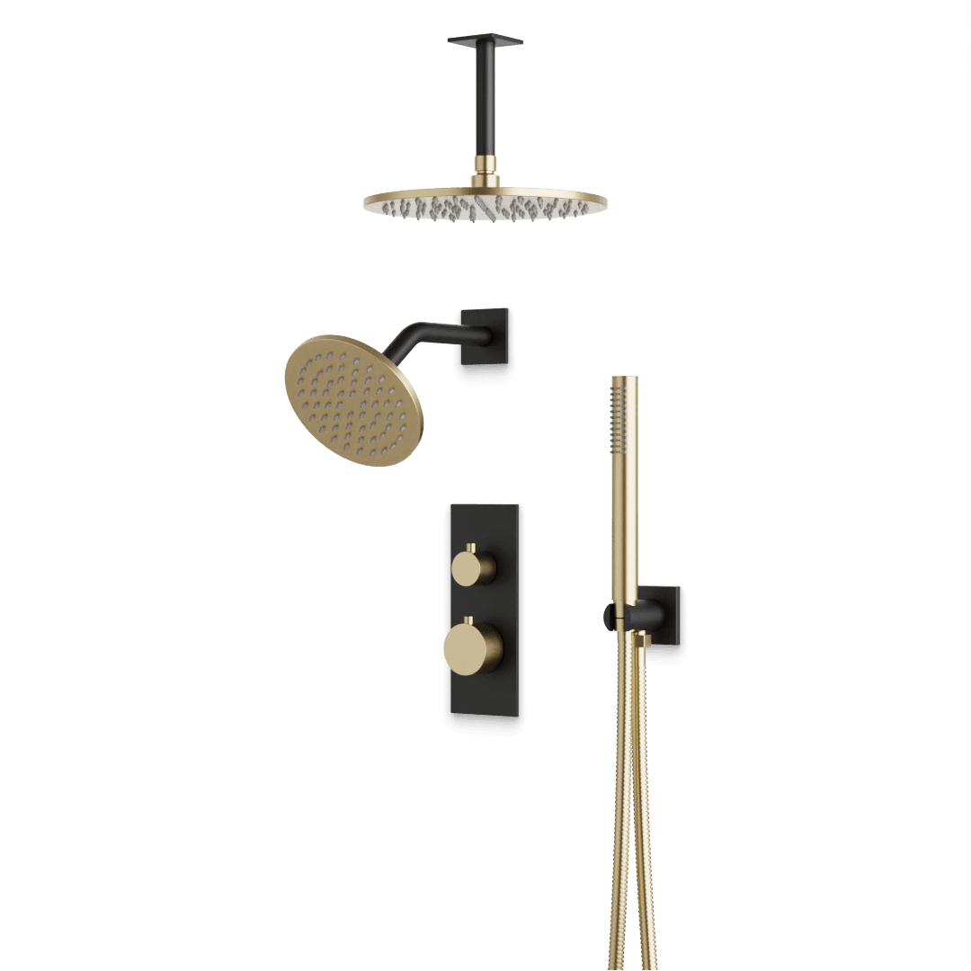 Artos Otella Thermostatic Shower Trim Kit with Wall & Ceiling Mount Shower Head, Hand Shower in Satin Brass/Matte Black – Wide Control Trim Style – PS109SBB