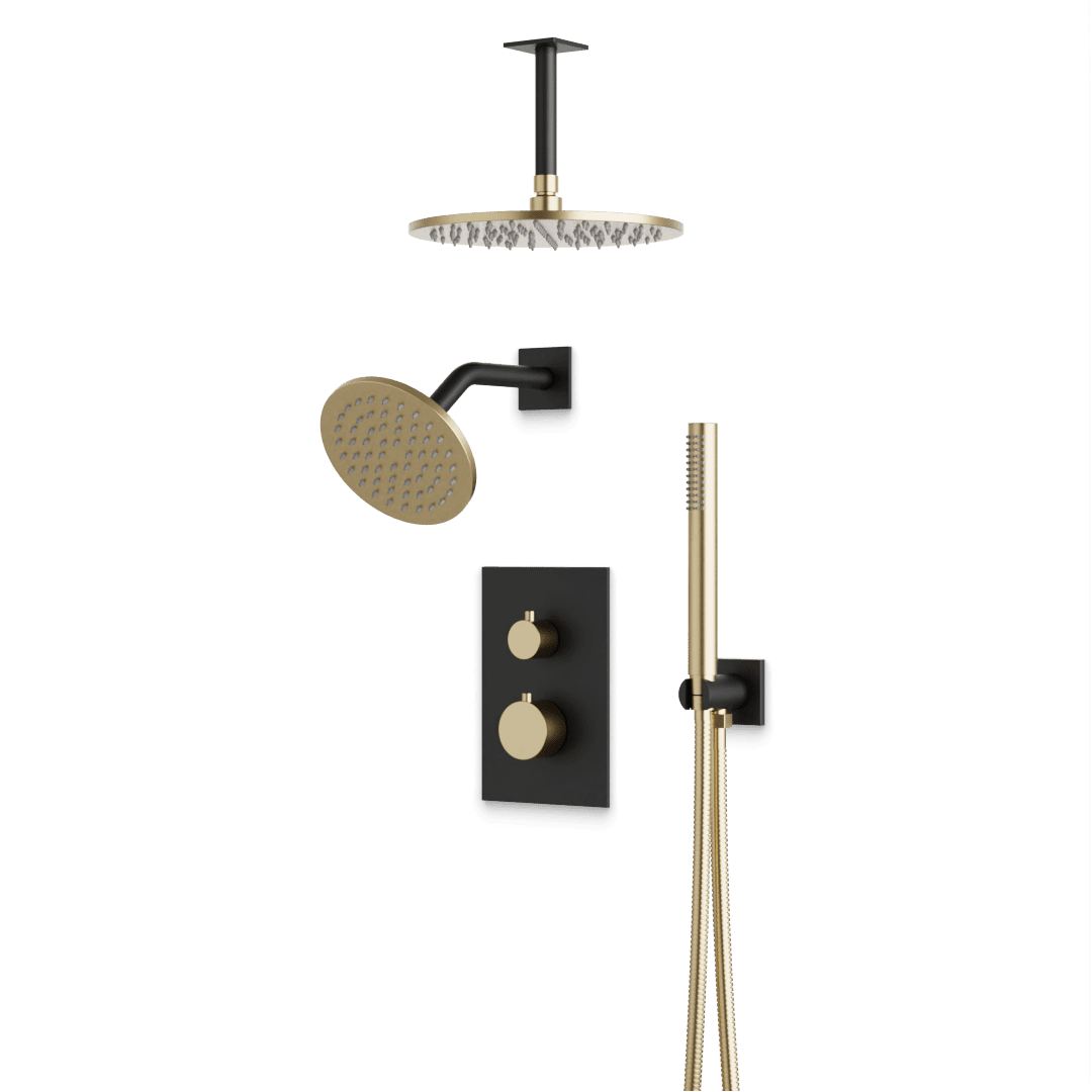 Artos Otella Thermostatic Shower Trim Kit with Wall & Ceiling Mount Shower Head, Hand Shower in Satin Brass/Matte Black – Wide Control Trim Style – PS109SBB