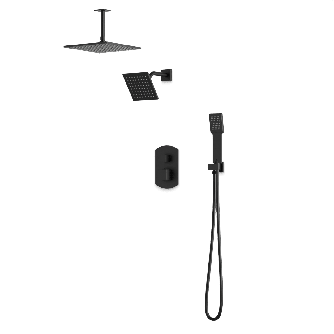 Artos Transitional Thermostatic Shower Trim Kit with Wall Mount Shower Head, Ceiling Mount Shower Head, Hand Shower in Matte Black – PS110BK
