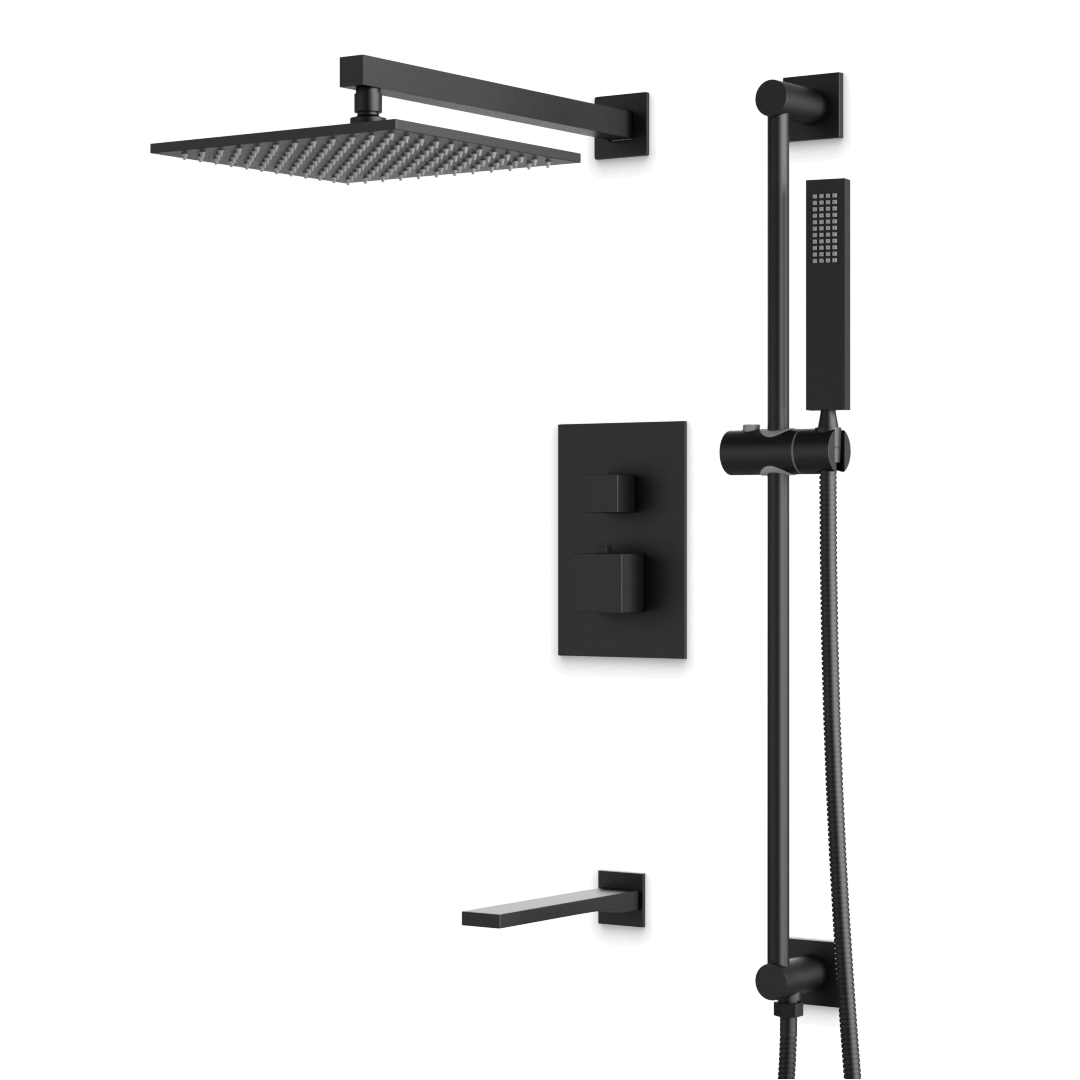 Artos Edge Thermostatic Shower Trim Kit with Wall Mount Shower Head, Hand Shower on Slide Bar, Tub Filler in Matte Black – Wide Control Trim Style – PS115BK