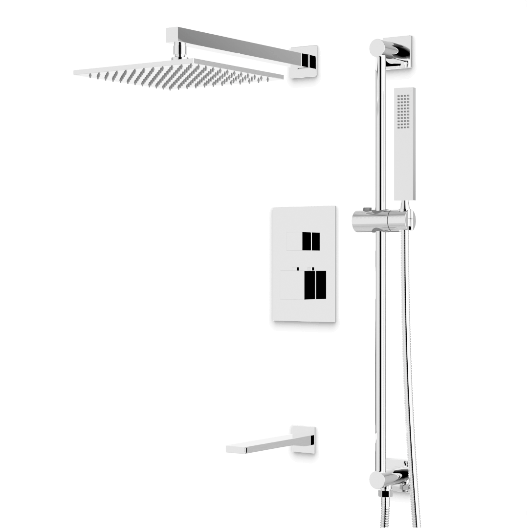Artos Edge Thermostatic Shower Trim Kit with Wall Mount Shower Head, Hand Shower on Slide Bar, Tub Filler in Chrome – Wide Control Trim Style – PS115CH