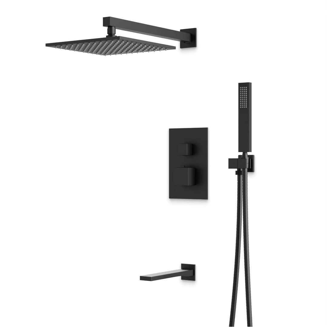 Artos Edge Thermostatic Shower Trim Kit with Wall Mount Shower Head, Hand Shower, Tub Filler in Matte Black – Wide Control Trim Style – PS119BK