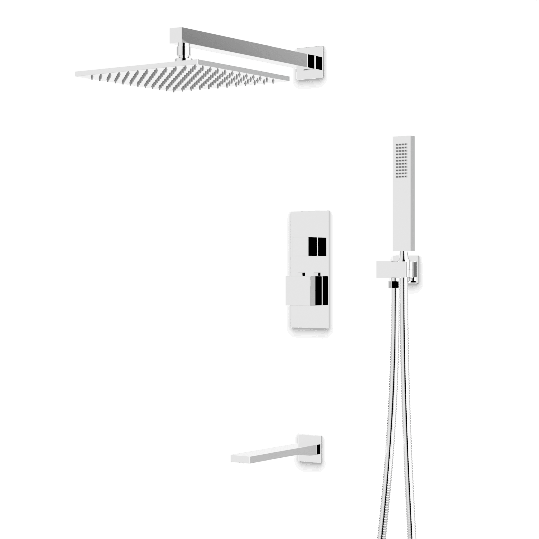 Artos Edge Thermostatic Shower Trim Kit with Wall Mount Shower Head, Hand Shower, Tub Filler in Chrome – Wide Control Trim Style – PS119CH