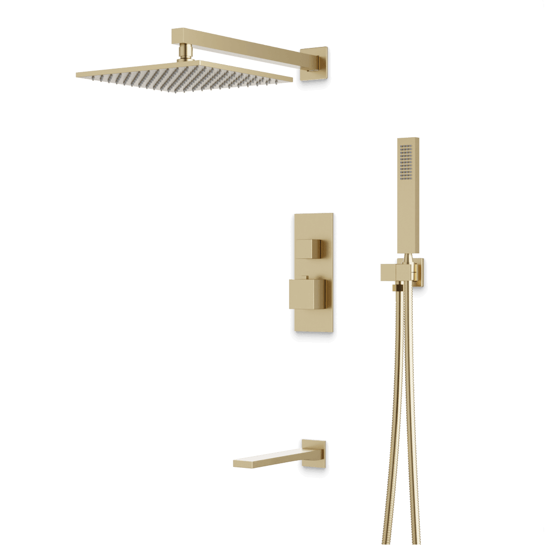 Artos Edge Thermostatic Shower Trim Kit with Wall Mount Shower Head, Hand Shower, Tub Filler in Satin Brass – Wide Control Trim Style – PS119SB