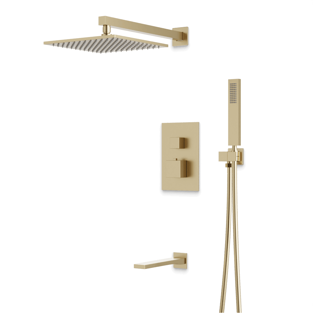 Artos Edge Thermostatic Shower Trim Kit with Wall Mount Shower Head, Hand Shower, Tub Filler in Satin Brass – Wide Control Trim Style – PS119SB