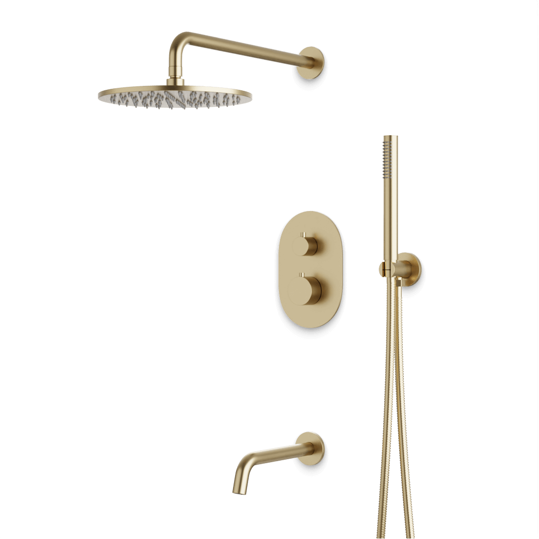 Artos Opera Thermostatic Shower Trim Kit with Hand Shower, Tub Filler in Satin Brass – Wide Control Trim Style – PS120SB