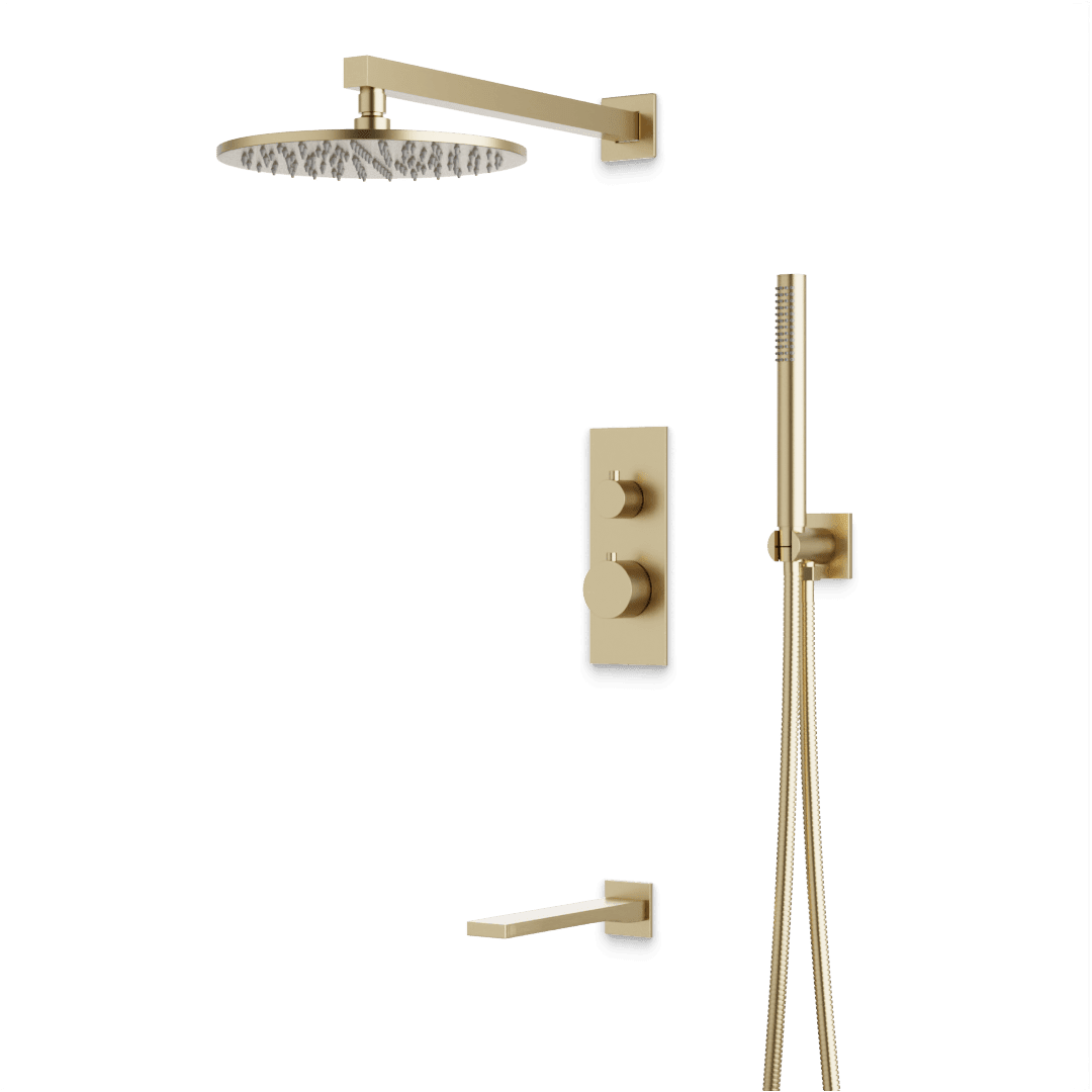 Artos Otella Thermostatic Shower Trim Kit with Hand Shower, Tub Filler in Satin Brass – Wide Control Trim Style – PS121SB