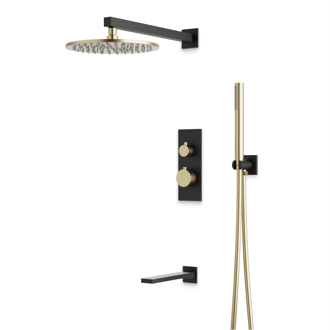 Artos Otella Thermostatic Shower Trim Kit with Hand Shower, Tub Filler in Satin Brass/Matte Black – Wide Control Trim Style – PS121SBB