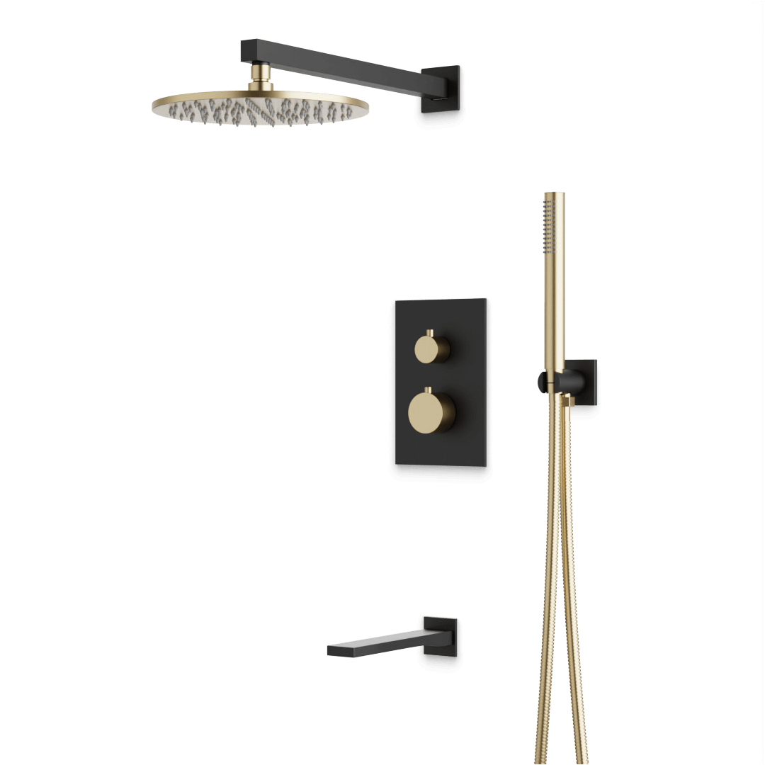 Artos Otella Thermostatic Shower Trim Kit with Hand Shower, Tub Filler in Satin Brass/Matte Black – Wide Control Trim Style – PS121SBB