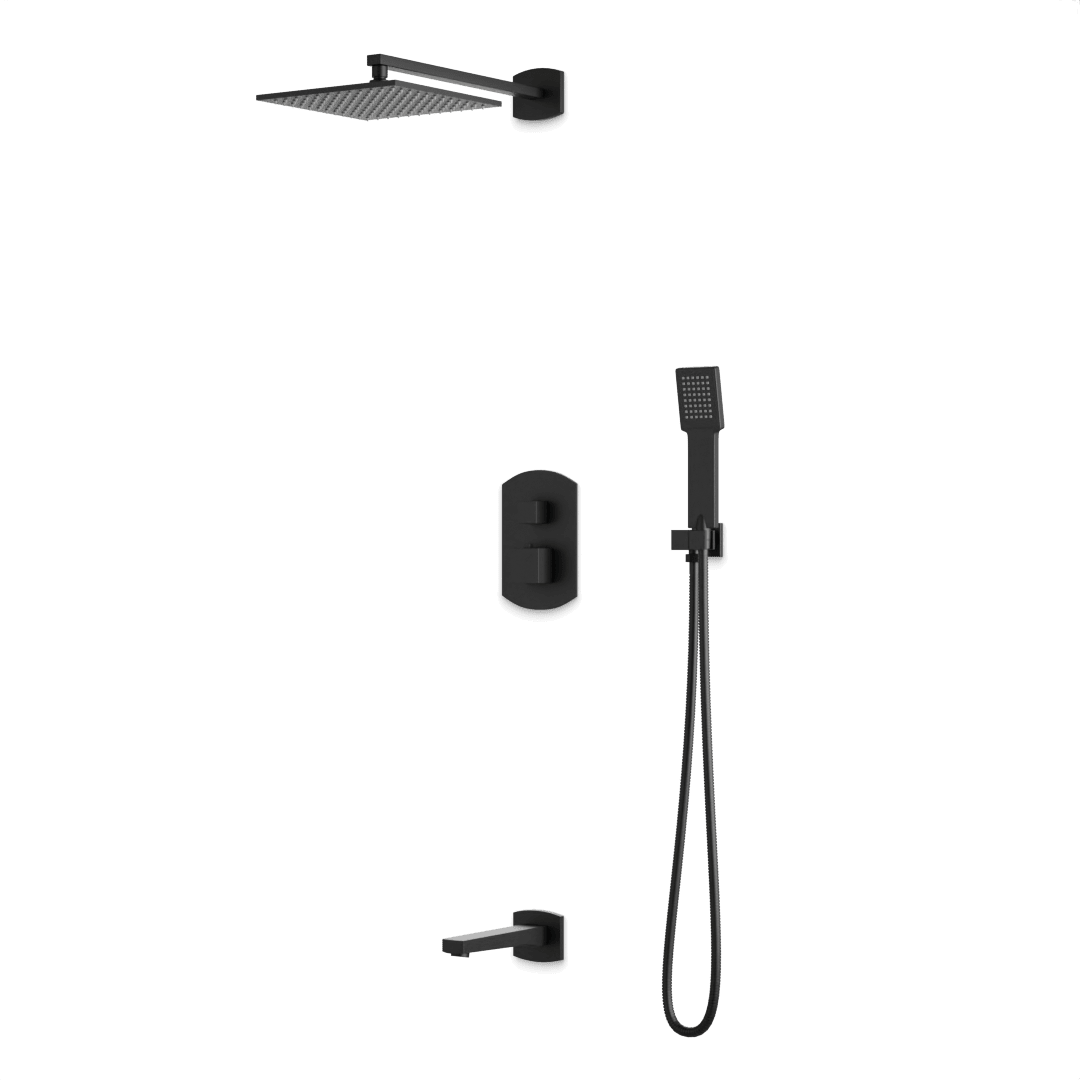 Artos Transitional Thermostatic Shower Trim Kit with Wall Mount Shower Head, Hand Shower, Tub Filler in Matte Black – PS122BK