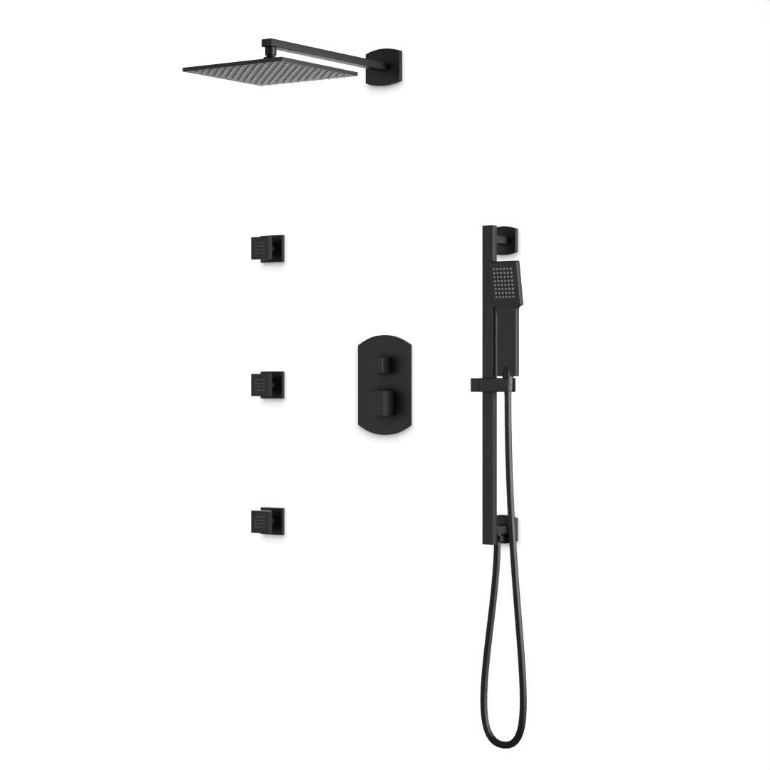 Artos Transitional Thermostatic Shower Trim Kit with Wall Mount Shower Head, Hand Shower on Slide Bar, Body Jets in Matte Black – PS126BK