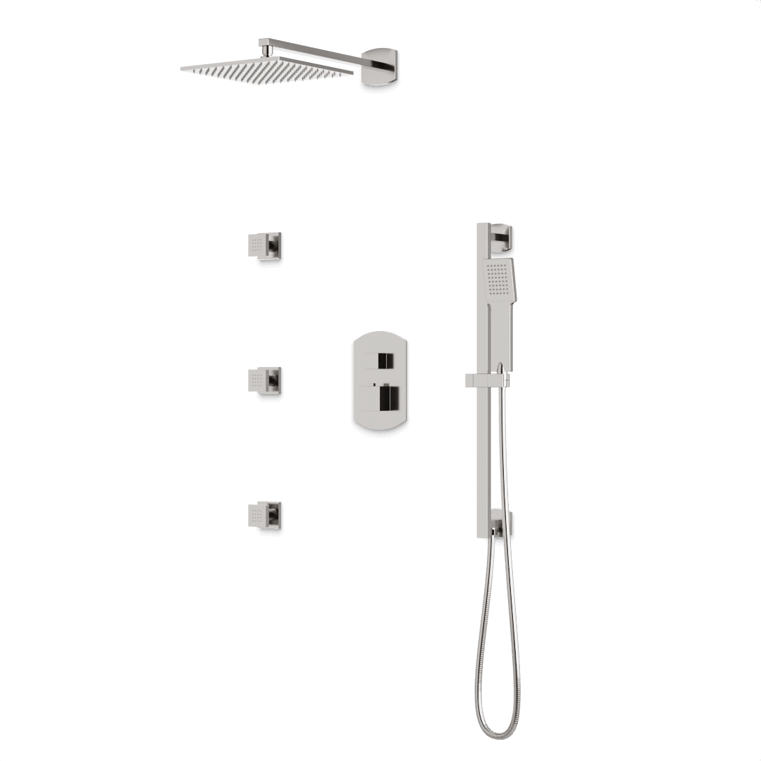 Artos Transitional Thermostatic Shower Trim Kit with Wall Mount Shower Head, Hand Shower on Slide Bar, Body Jets in Brushed Nickel – PS126BN