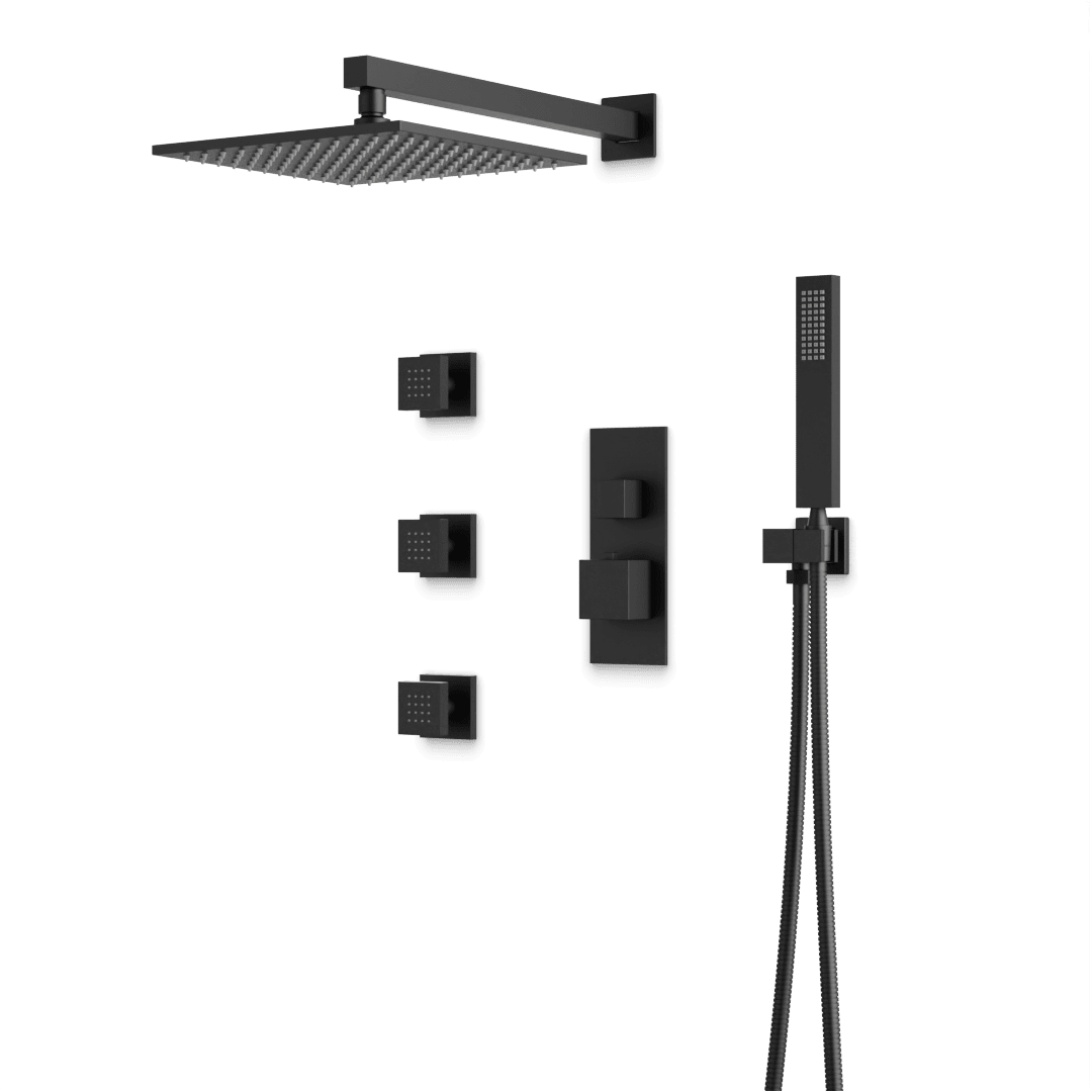 Artos Edge Thermostatic Shower Trim Kit with Wall Mount Shower Head, Hand Shower, Body Jets in Matte Black – Wide Control Trim Style – PS127BK