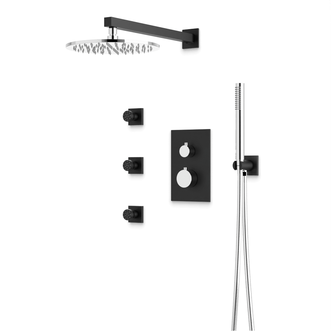 Artos Otella Thermostatic Shower Trim Kit with Hand Shower, Body Jets in Chrome/Matte Black – Wide Control Trim Style – PS129CHB