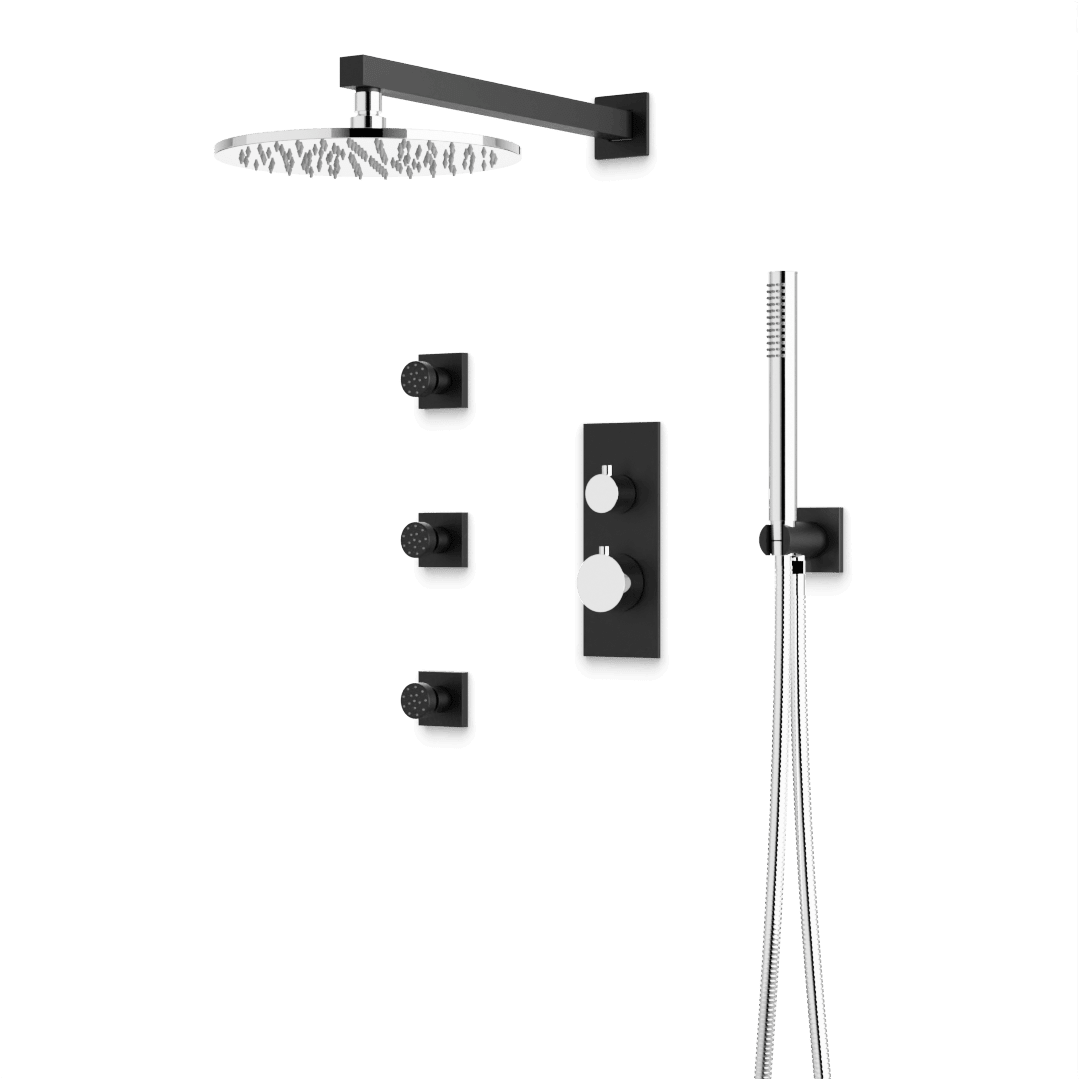 Artos Otella Thermostatic Shower Trim Kit with Hand Shower, Body Jets in Chrome/Matte Black – Wide Control Trim Style – PS129CHB