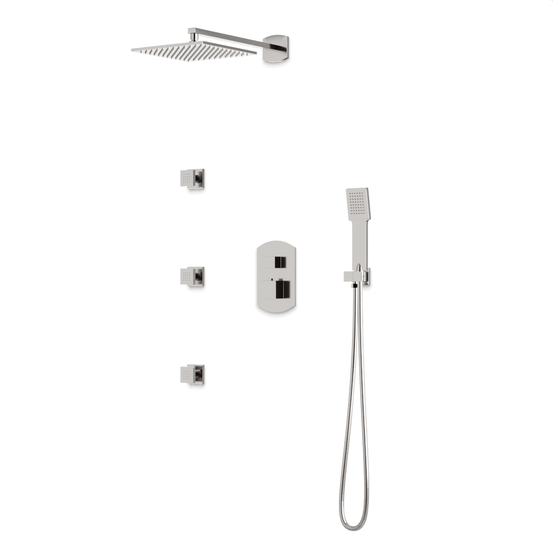 Artos Transitional Thermostatic Shower Trim Kit with Wall Mount Shower Head, Hand Shower, Body Jets in Brushed Nickel – PS130BN