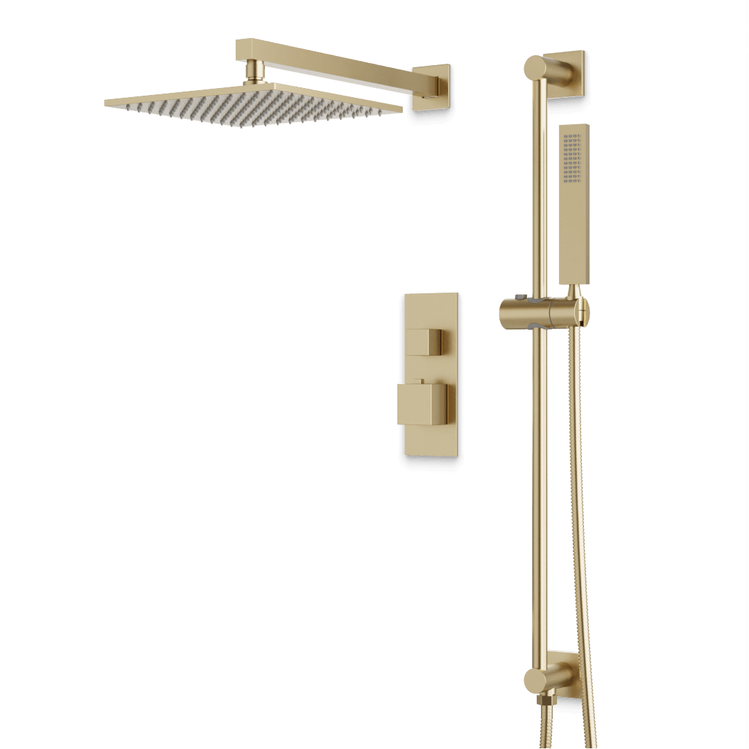 Artos Edge Thermostatic Shower Trim Kit with Wall Mount Shower Head, Hand Shower on Slide Bar in Satin Brass – Wide Control Trim Style – PS135SB