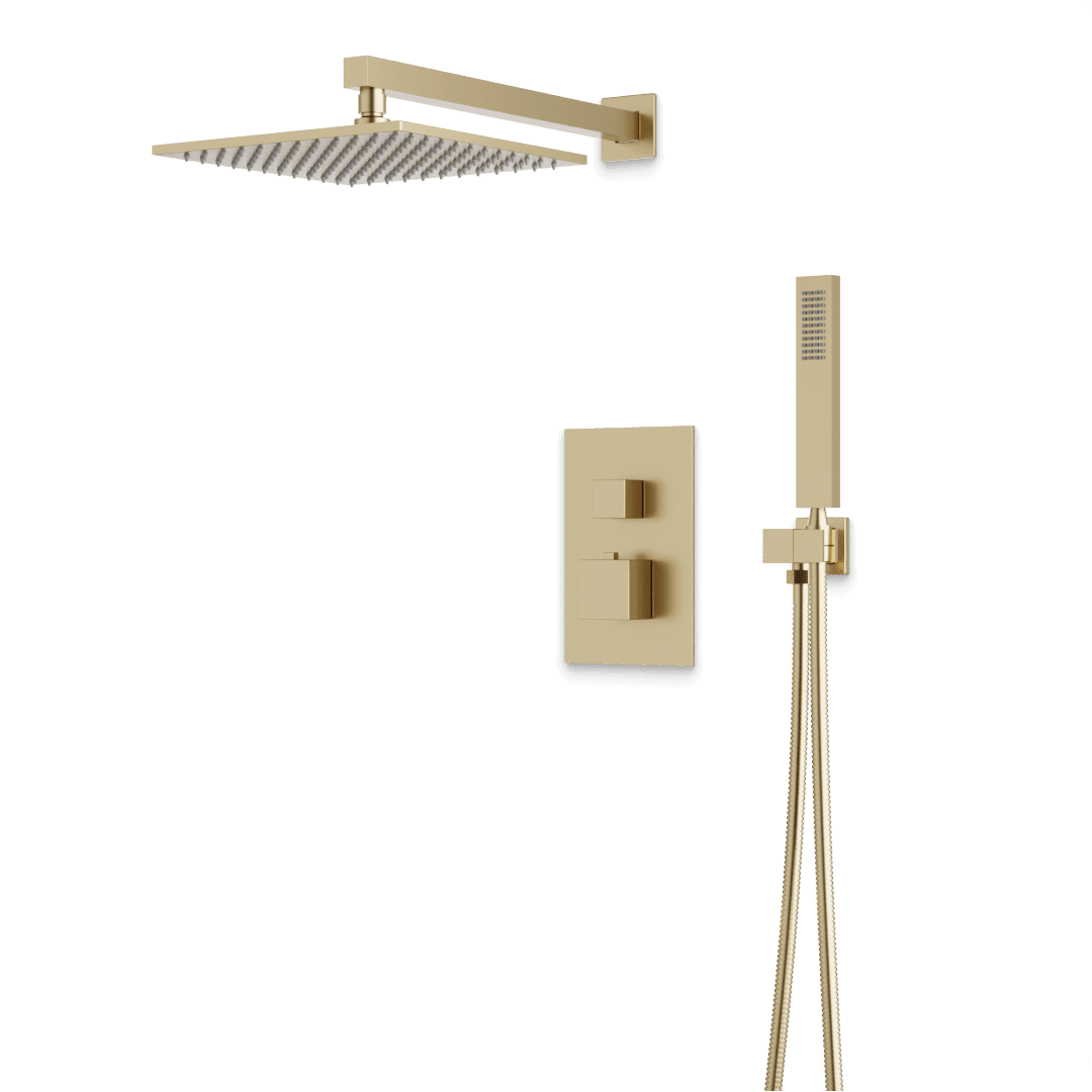Artos Edge Thermostatic Shower Trim Kit with Wall Mount Shower Head, Hand Shower in Satin Brass – Wide Control Trim Style – PS139SB