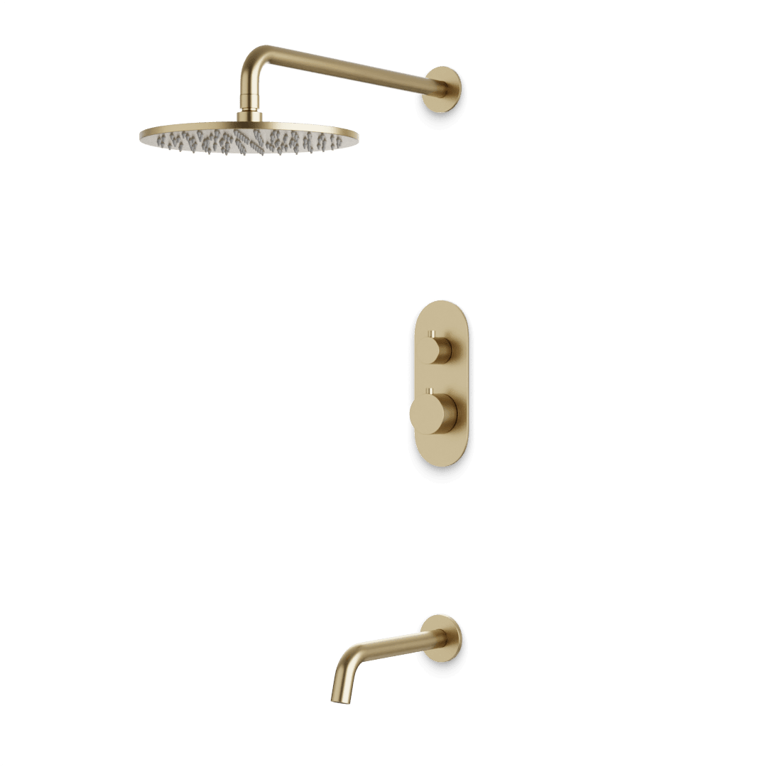 Artos Opera Thermostatic Shower Trim Kit with Wall Mount Shower Head, Tub Filler in Satin Brass – Wide Control Trim Style – PS144SB