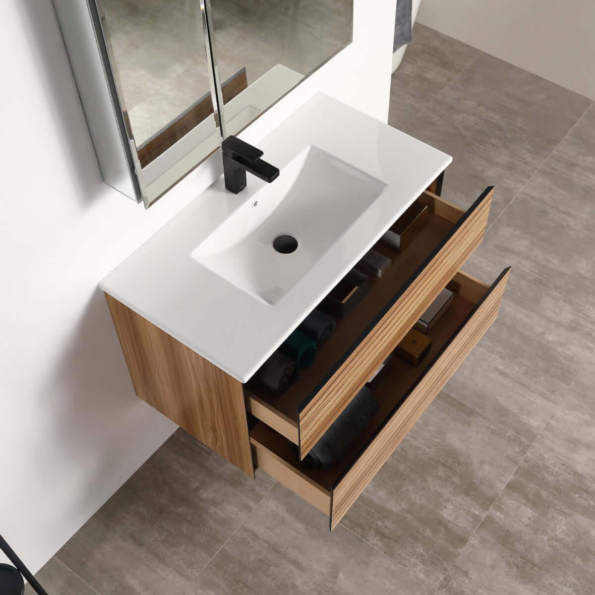 Blossom Annecy 36″ Wall-Hung Vanity - Modern Minimalist Design with Soft-Closing Drawers in Dark Walnut and Maple