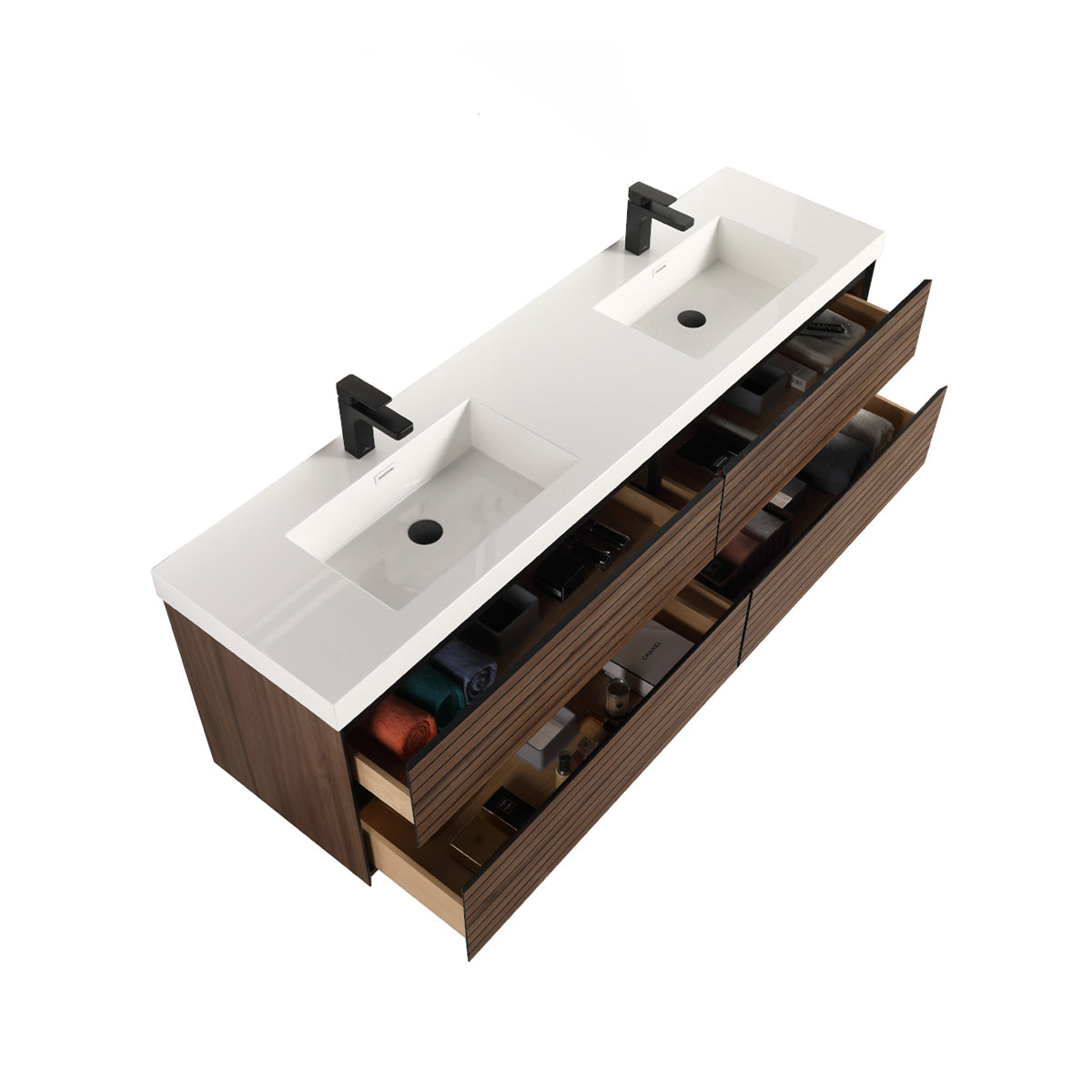 Blossom Annecy 72" Double Sink Vanity – Modern Minimalist Wall-Hung Design in Dark Walnut and Maple