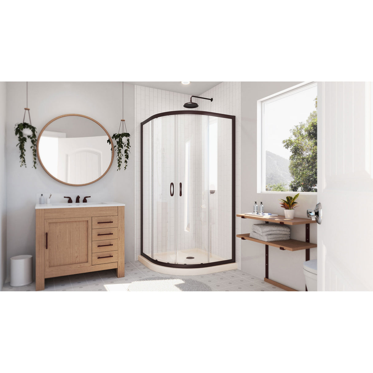 DreamLine Prime 36 in. x 74 3/4 in. Semi-Frameless Clear Glass Sliding Shower Enclosure in Oil Rubbed Bronze with Biscuit Base Kit